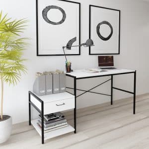 שולחן עבודה – כתיבה עם מגירה + מדף תחתון, צבע שחור עם לבן 164*55*75
